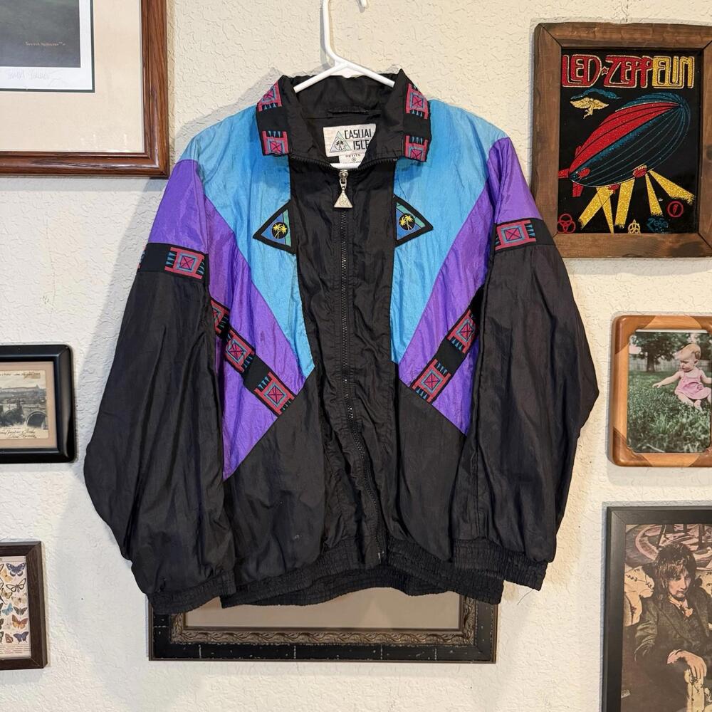 Vintage 80s/90s Casual Isle Palm Tree Windbreaker Jacket Size Petite Small